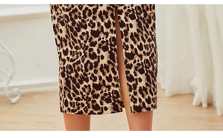 Leopard Print Slash Neck Stylish Long Lantern Sleeve Dress