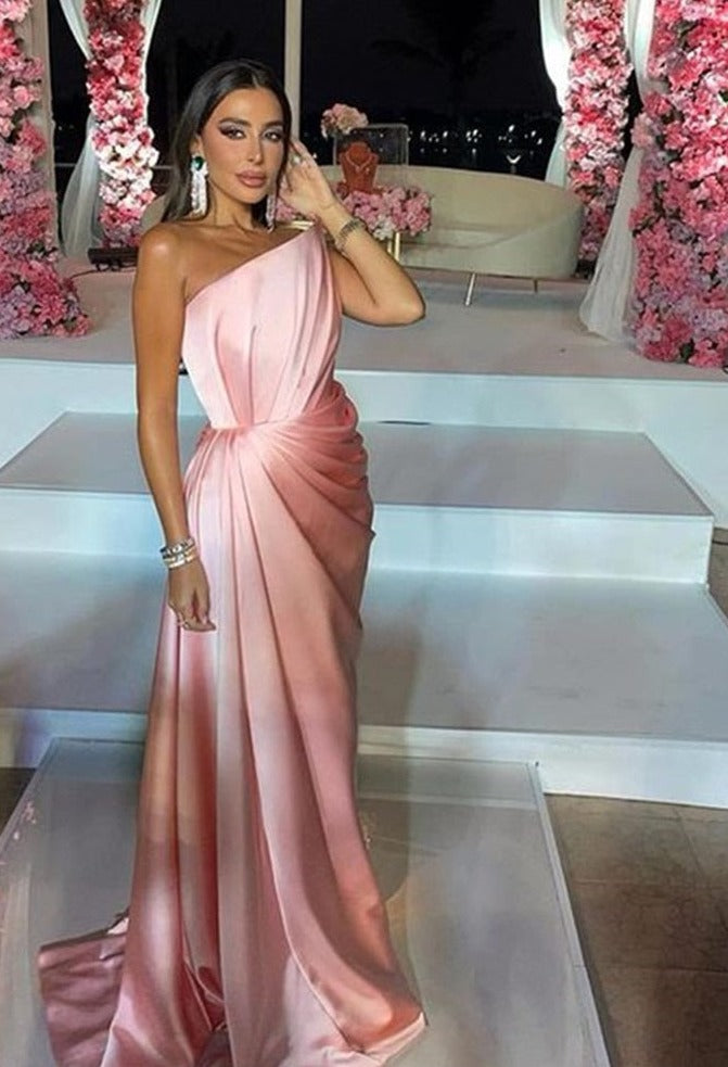 Pink Strapless Evening Dresses Stain Pleat Mermaid Dress