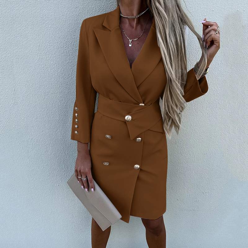 Solid Blazer Lapel Buttons Belted Dress