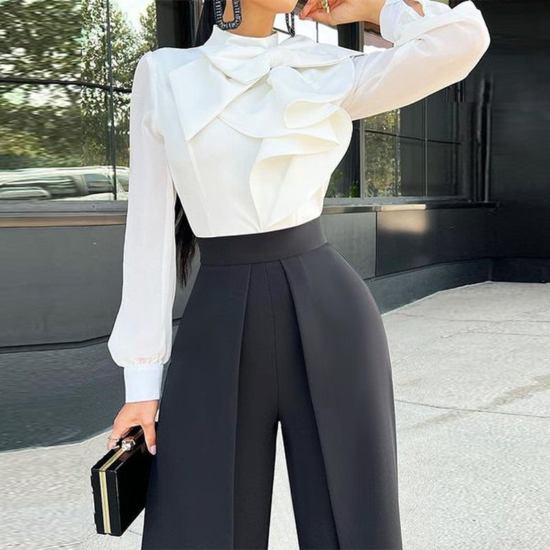 Two Piece Bow Lantern Sleeve Blouse And Pants Set