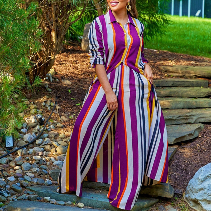 Striped Casual Two Piece Long Sleeve Blouse & Matching Pants Suit