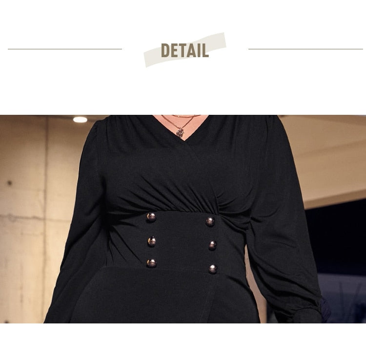 Button Design High Waist V-Neck Stylish Long Sleeve Dress