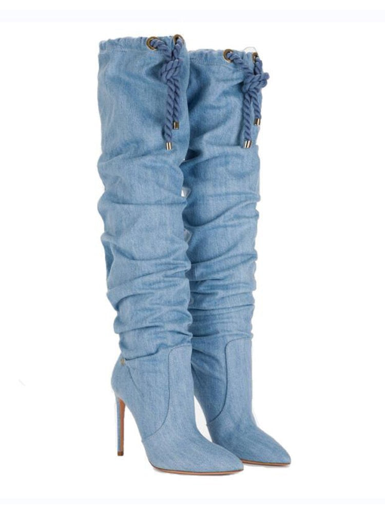 Denim Pleated Long Thin High Heel Pointed Toe Boots