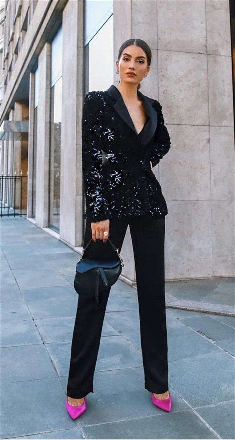 Sequins Two Piece Sparkling Blazer And Straight Leg Pants Suit