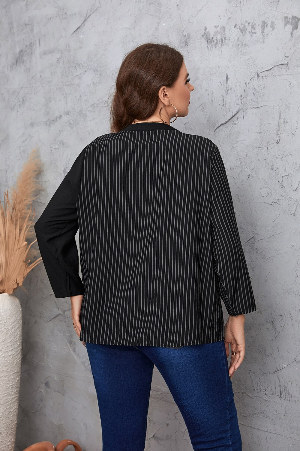 Notched Neck Button Front Striped Blouse