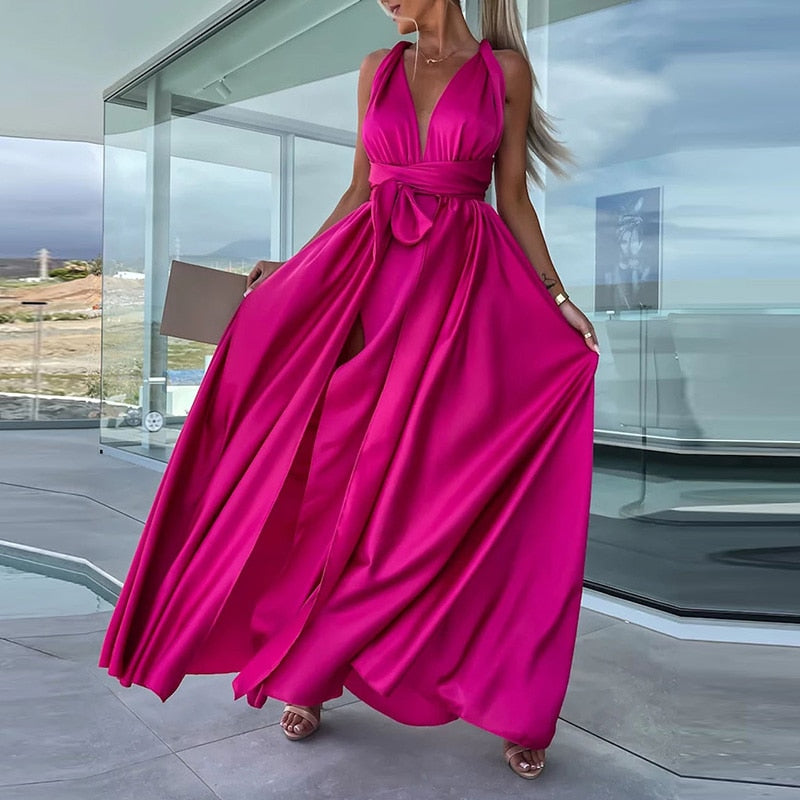 Deep V-Neck Lace-up Elegant Sleeveless High Slit Dress