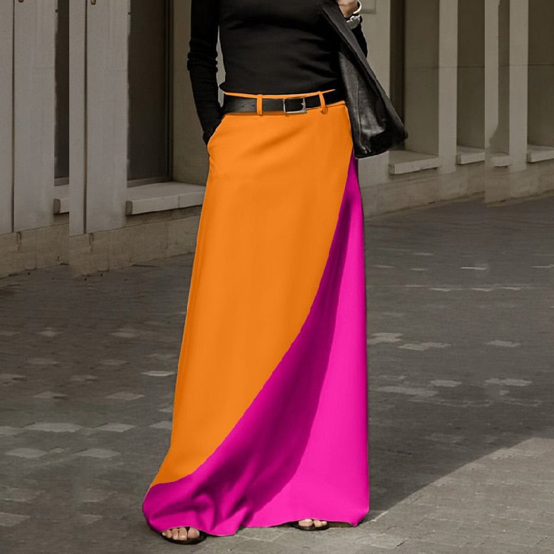 Elegant Color Blocking Retro Boho Pocket Skirt