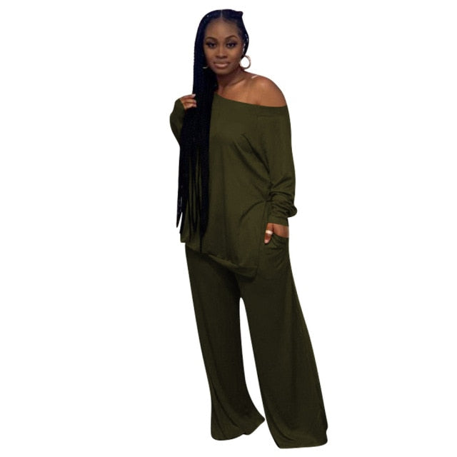 One Shoulder Full Sleeve Loose T-Top and Wide Leg Trouser Pant Sets