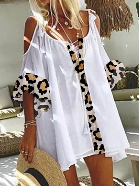 Leopard Print Casual Loose Off-shoulder T-shirt Midi Sleeve Tops