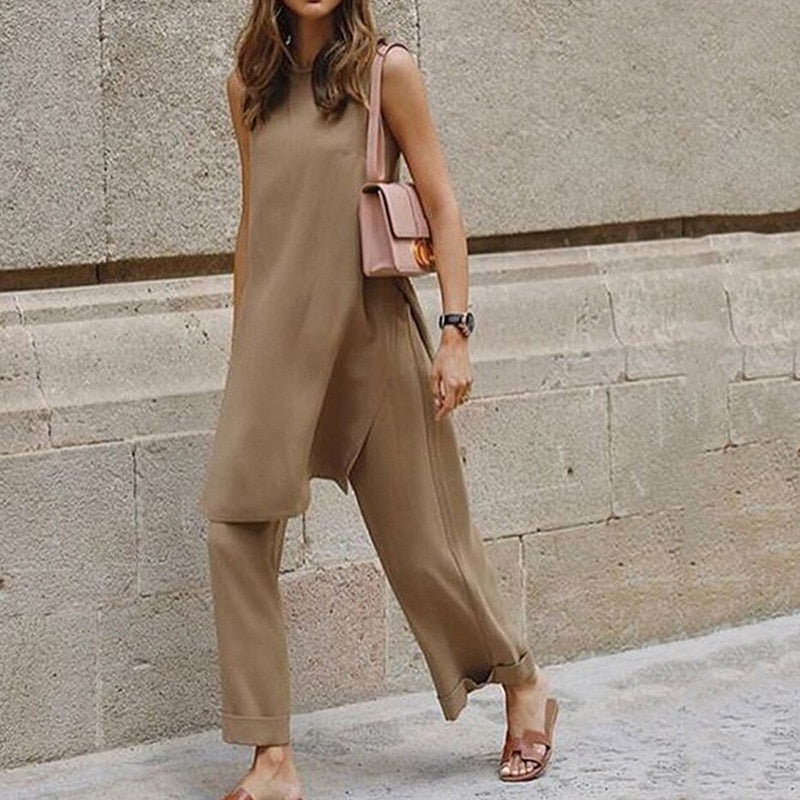 Two Piece Elegant O Neck Blouse Top And Loose Pants Summer Casual Sleeveless Sets