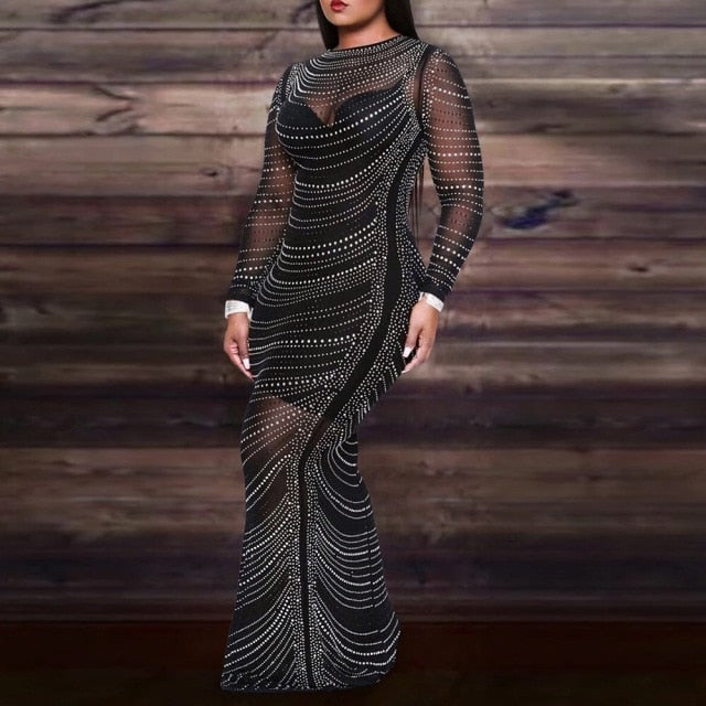 Diamond Bodycon Full Sleeve Floor Length Luxury Elegant Evening Dress