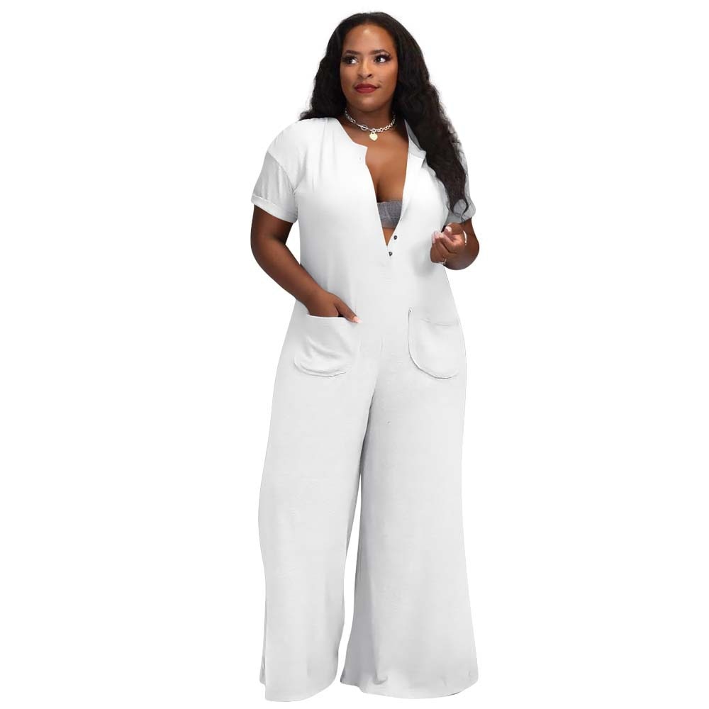 Casual Wide Leg Loose Button Up With Pockets Jumpsuit