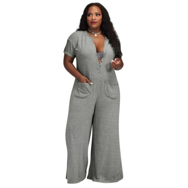 Casual Wide Leg Loose Button Up With Pockets Jumpsuit