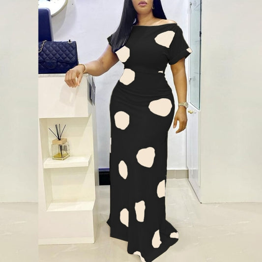 Elegant Off Shoulder Polka Dot Print Maxi Dress