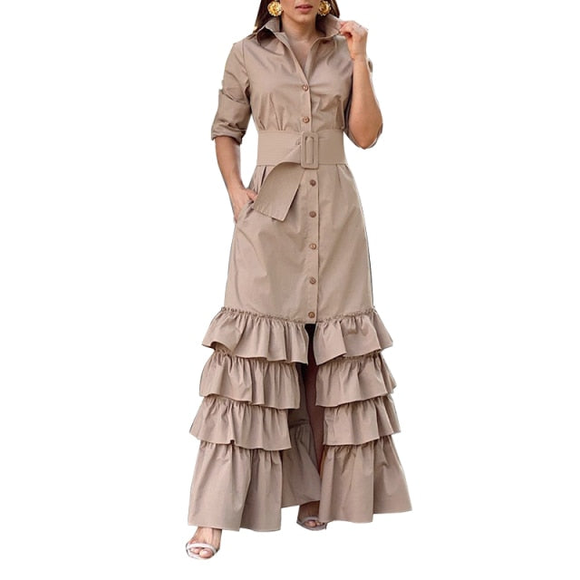 Lapel Button Down Long Sleeve Bohemian Maxi Dress