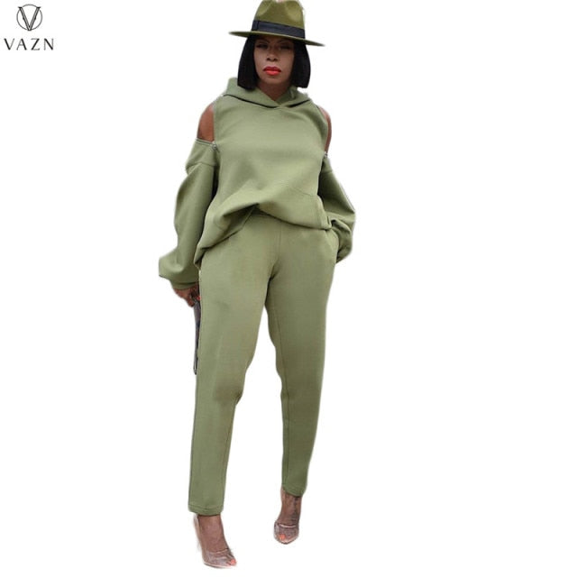 Casual Style Long Sleeve Hooded Neck Top Elastic Long Pants Two Piece Set