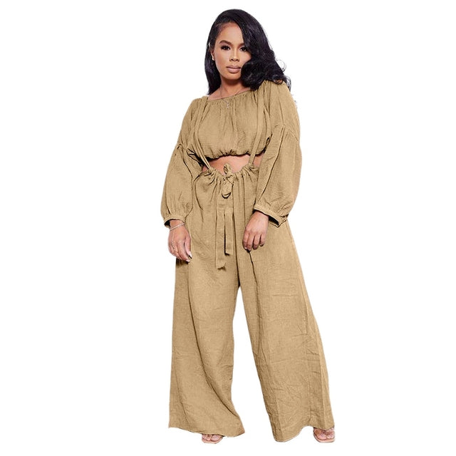Two Piece Crop Top & Spaghetti Strap Overalls Wide Leg Pant Sets