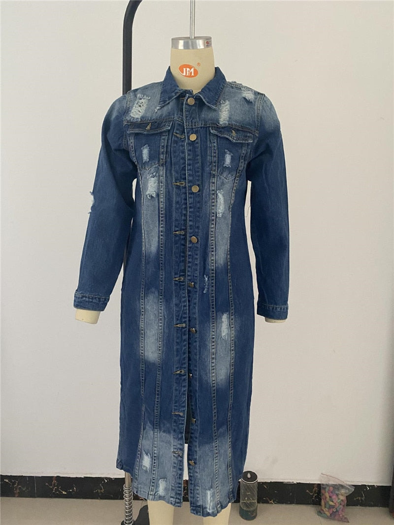 Ripped Vintage Denim Casual Long Jean Jacket