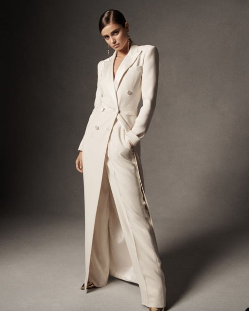 White Double Breasted Long Blazer Wide Leg Pant Suit