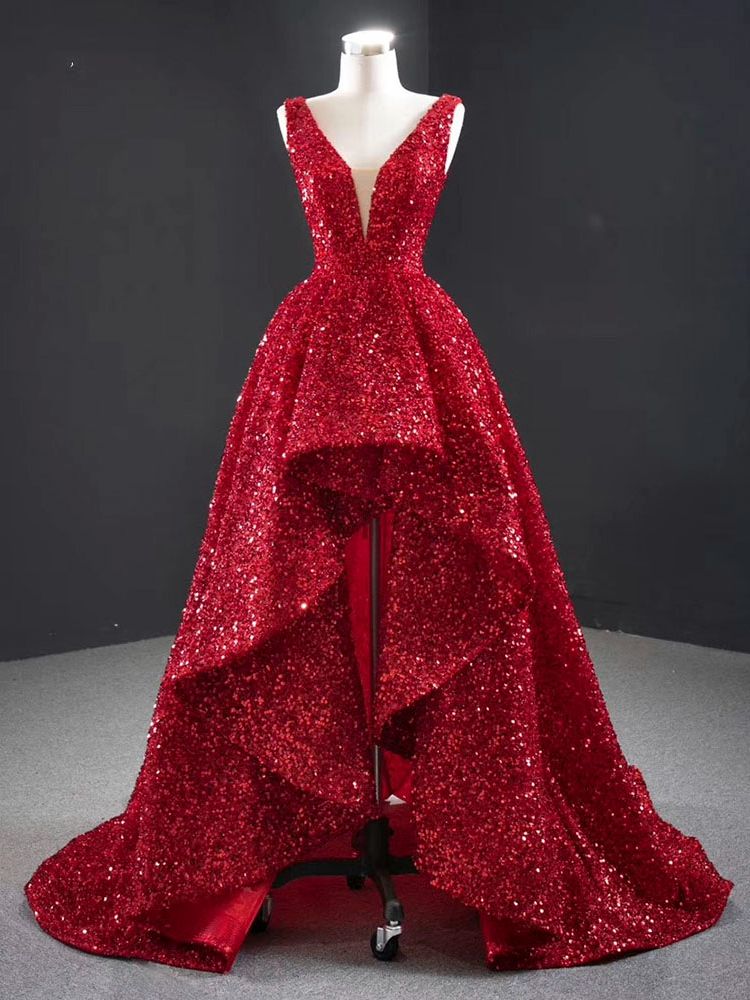 Red Sequin V-Neck High & Low Evening Gown