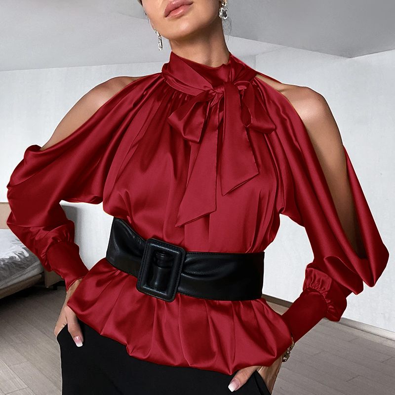 Puff Sleeve High Neck Pleated Bow Blouse – Nichole's Array Of Elegance