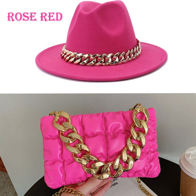 Double Color Chain Fedoras Hat And/Or Jazz Cap Chain Leather Bag