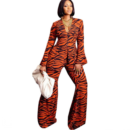 2 Piece Zip V-neck Print Long Sleeve Top And Flare Pants Suit