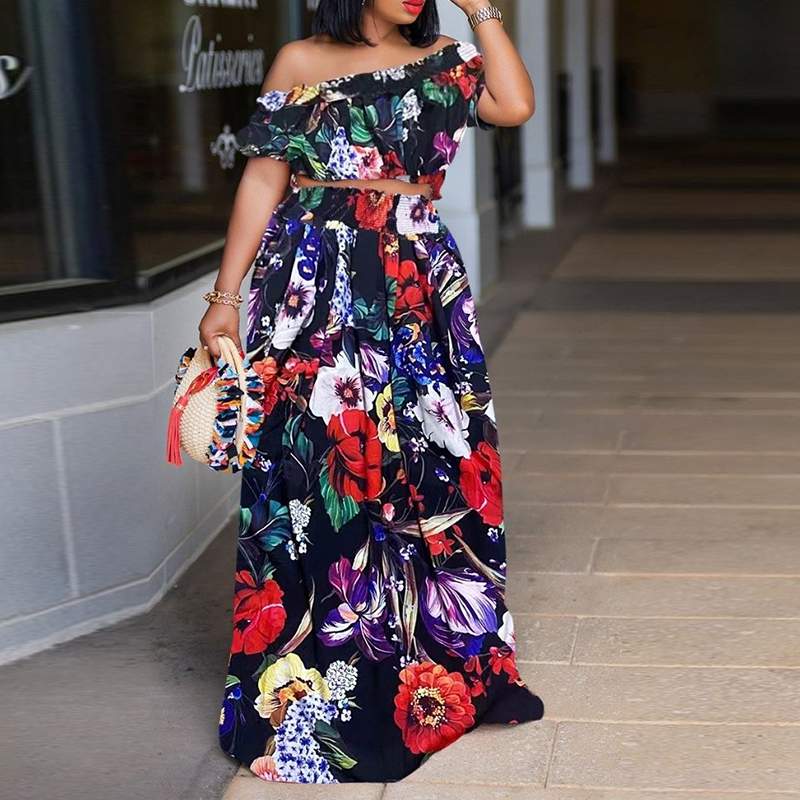 Bohemian Printed Off Shoulder Casual Pleated Dress