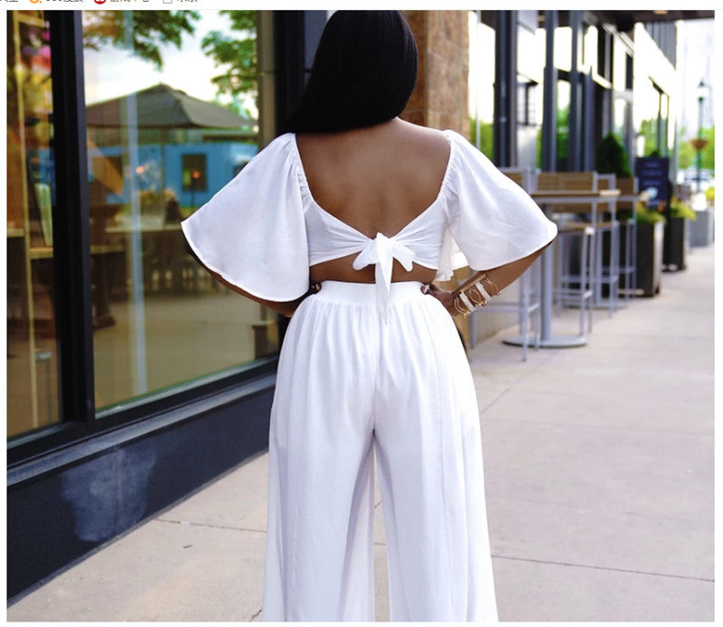 Two Piece Bandage Backless Crop Top Pleated Long Wide Leg Pant Sets