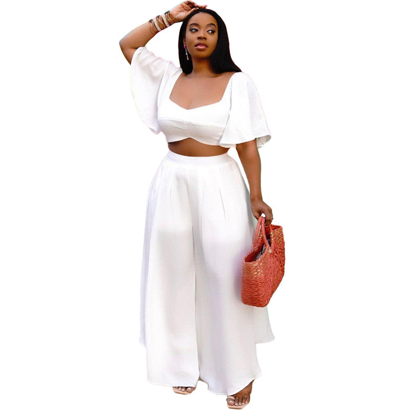 Two Piece Bandage Backless Crop Top Pleated Long Wide Leg Pant Sets