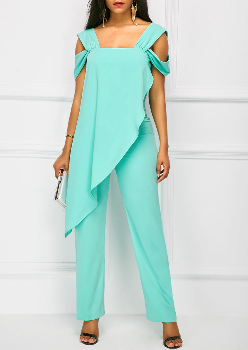 Casual Strap Overlay Cold Shoulder Straight Leg Jumpsuit