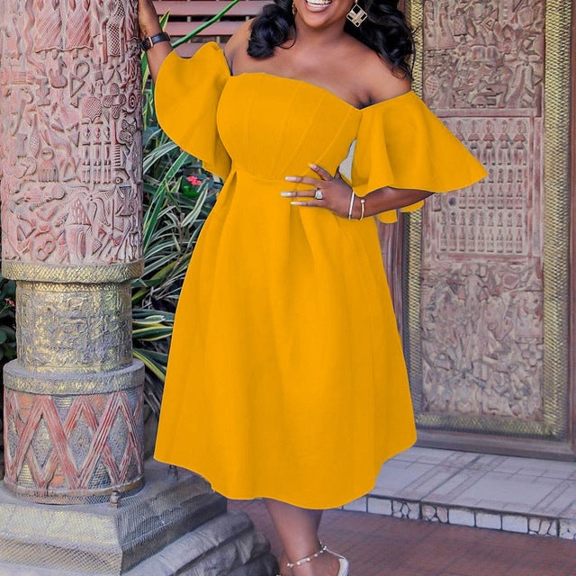 Off the Shoulder Flare Sleeve High Waisted Mid Calf Dress