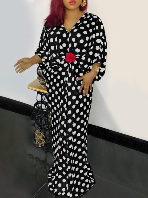 Bohemian Batwing Sleeve Crochet Polka Dot Print Dress